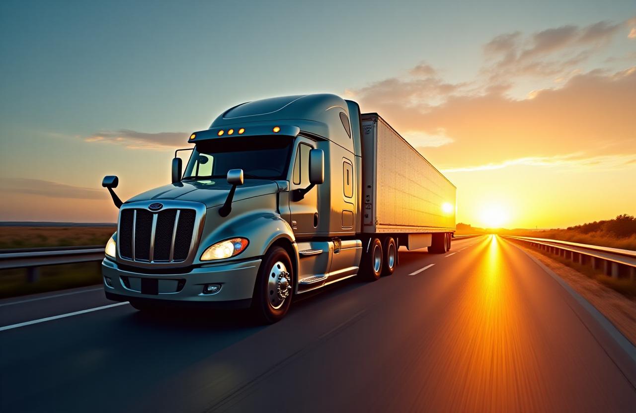 Modern logistics transport truck at sunset